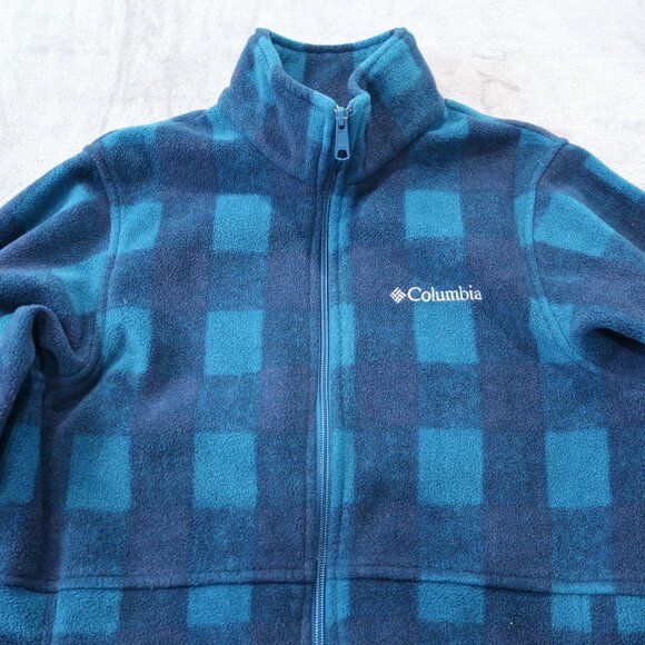 Columbia Mens Fleece Jacket Casual Drawstring Waist Zip Up Checkered Blue - Picture 2 of 16